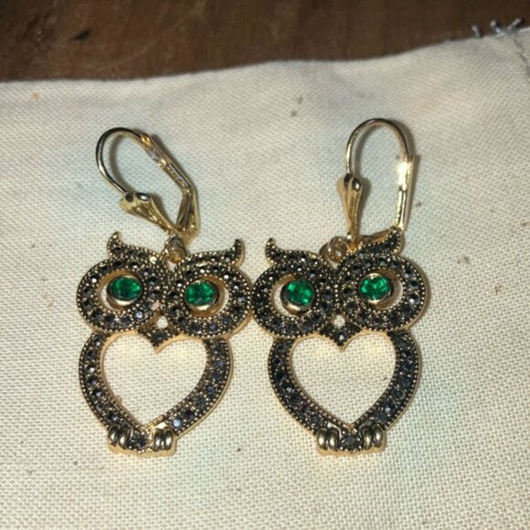 Earrings Owl sparkly Gold tone and Green - Picture 2 of 9